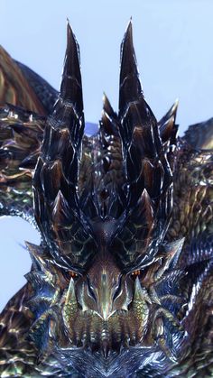 an abstract image of a dragon's head with spikes on its back and wings