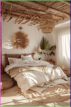 an image of a bedroom setting with white linens and natural materials on the bed