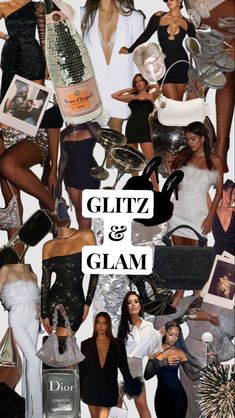 a collage of women in black and white outfits with the words glitz & glam