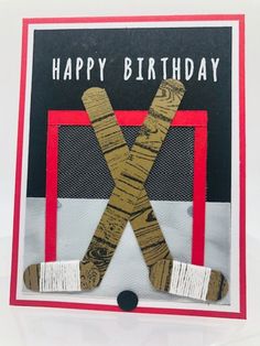 Happy Birthday, hockey card, sports, card for her, card for him, made in Alaska, Stampin Up, handmade This "Happy Birthday Hockey" birthday card is designed to celebrate the special day! This 5 1/2" X 4 1/4" card is handmade with high quality Stampin' Up materials. A real red card base with a double mount hand cut birthday panel mount features an die cut hockey goal and a heat embossed sentiment. The inside of the card is left blank for you to add your own special sentiment. This card has a matc Hockey Goal, Cricut Birthday Cards, Hockey Kids, Hockey Birthday, Sports Card, Stampin Up Birthday Cards, Hockey Cards, Red Card