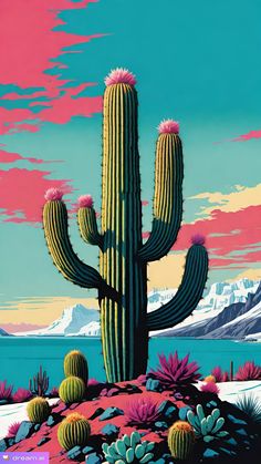 a painting of a cactus in the desert with mountains in the background and pink clouds