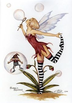 a drawing of a fairy holding a wand and blowing bubbles on top of a plant