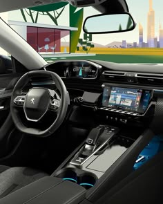 the interior of a car with dashboard, steering wheel and touch screen display in front of cityscape