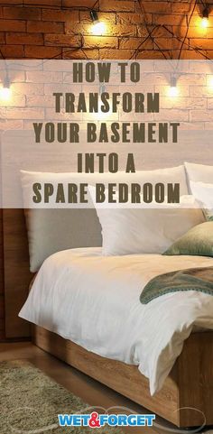 a bed sitting in front of a brick wall with the words how to transform your basement into a spare bedroom