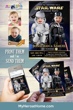 the star wars birthday party flyer is displayed on a wooden background with text and photos