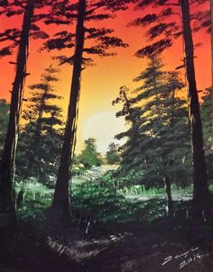 an oil painting of trees in the sunset