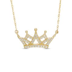 Fit for a queen, this diamond crown pendant is a regal addition to her wardrobe. Crafted in warm 10K gold, this stunning design shimmers with ribbons of diamonds that catch the eye. Radiant with 1/8 ct. t.w. of diamonds and a brilliant buffed luster, this crown suspends centered along a 16.5-inch cable chain that secures with a spring-ring clasp. Crown Pendant, Crown Necklace, Diamond Crown, Peoples Jewellers, Tiffany Jewelry, Crown Design, Designer Fashion Jewelry, Jewelry For Her, Gold Earrings Dangle