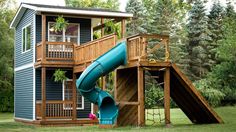 the backyard is decorated in blue and purple with a slide, deck, and play area