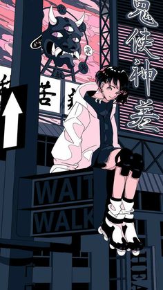 an anime character sitting on top of a tall building with the words wall walk above her