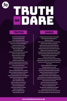 a poster with the words truth or dare written in pink and purple colors on it