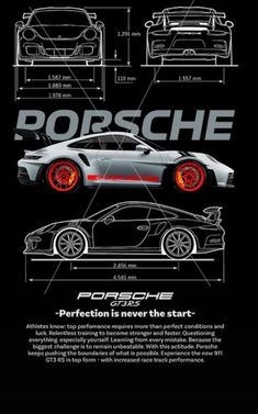 the porsche poster is shown in black and white, with red rims on it