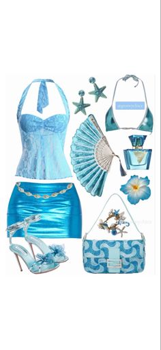 Lace teal top, teal metallic skirt, seashell metal and turquoise belt, teal and turquoise bag, teal shoes with flower, teal metallic bikini, teal starfish earrings, cute summer and beach outfit that gives off mermaid out of the water vibes Aquamarine Outfit Ideas, Aqua Outfits For Women, Blue Beach Outfit Aesthetic, Aquatic Outfit Ideas, Water Aesthetic Outfit, Mermaid Inspired Outfits Casual, Aquarius Outfits Aesthetic, Mermaidcore Aesthetic Outfits, Pisces Aesthetic Outfit