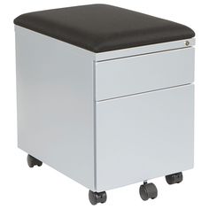 a white and black filing cabinet with wheels