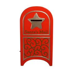 a red mailbox with a silver star on it's top and the words santa's mail