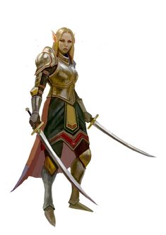 a woman in armor holding two swords and standing next to each other with both hands on her hips