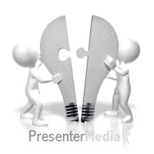 three people holding up two lightbulbs with the words presentation media written on them