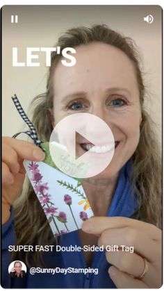 a woman holding up a card with the words, let's super fast double - sided gift tag