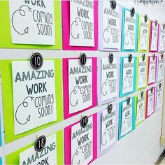 colorful bulletin board with words and numbers on it in an office hallway or school room