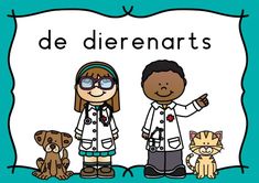 two children in lab coats standing next to each other with dogs and cats around them