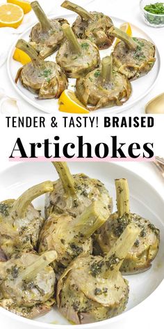 tender and tasty braised artichokes on a white plate with lemon wedges