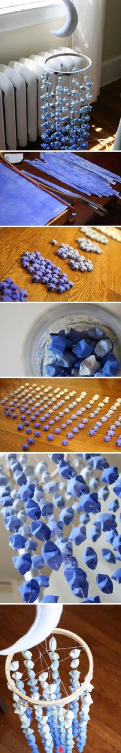 three different views of a room with blue and white rugs