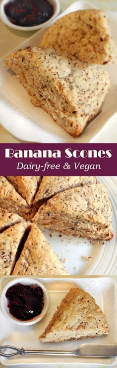 banana scones with dairy - free and vegan toppings on a white plate