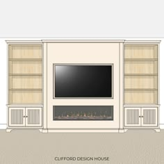 a drawing of a fireplace and entertainment center