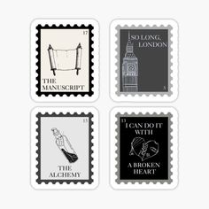 four postage stamps with different types of things on them, including the london tower and the man