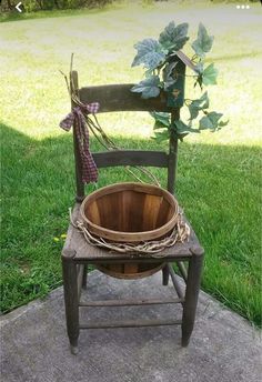 a wooden chair with a basket on it