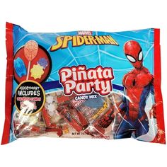 spiderman pinata party candy bag with assorted candies in it's wrapper