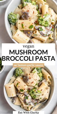 two bowls filled with pasta and broccoli on top of a white tablecloth