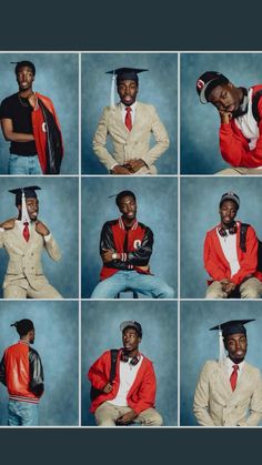 a collage of nine photos of young men in graduation caps and gowns posing for the camera