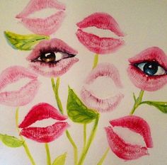 a drawing of lips and flowers with an eye in the middle