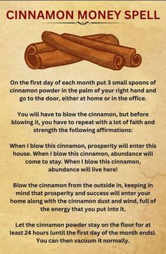 Cinnamon Blowing Day, Cinnamon Spell Uses, Cinnamon Powder Uses, Blow Cinnamon In Front Door Ritual, Rituals For Money, Cinnamon Blowing Ritual, Financial Stability Spell, Cinnamon Money Spell First Of The Month, Spells For The First Of The Month