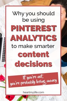 a woman sitting in front of a laptop computer with the text why you should be using pinterest to make smarter content