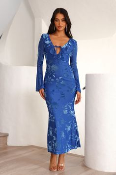 Length from shoulder to hem of size S: 135cm. Chest: 41cm, Waist: 30cm, size S. Maxi dress. Semi-lined. Model is a standard XS and is wearing size XS. True to size. Stretch. Velvet pattern. Tie-up straps. Frills. V-neck. Backless. Zipper. Cold hand wash only. Polyester/Spandex/Nylon. For all the exclusive girls. The Friends To Lovers Long Sleeve Maxi Dress features frill trimming and a gorgeous backless design. Style with heels and curls for all the attention. Velvet Pattern, Friends To Lovers, Long Blue Dress, Backless Design, Party Outfits, Halter Maxi Dresses, Sleeve Maxi Dress, Stretch Velvet, Long Sleeve Maxi