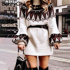 Geometric Print Knitted Women Turtle Neck Pullover Sweater Dress Price: 49.69 & FREE Shipping #dailyoutfit Sweater Dresses For Fall, Summer Blouses For Women, Casual Blouses For Women, Plus Size Blouses For Women, V Neck Blouses, Fall Sweater Dress, Elegant White Dress, Casual Formal Dresses, Women White Blouse