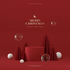 a red christmas card with white balls and trees