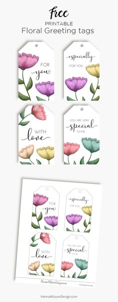 four tags with flowers on them and the text free floral greeting tags for your loved ones