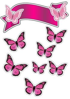 some pink butterflies with a ribbon on top of it and an empty banner in the background