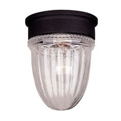 an outdoor light with a black cap on it's top and the bottom portion is clear