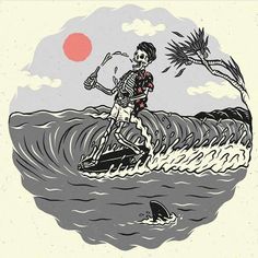 a skeleton riding a surfboard on top of a wave in the ocean next to a palm tree