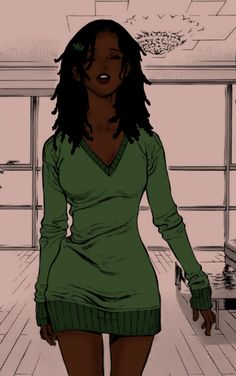 a drawing of a woman in a green dress walking down a hallway with her hand on her hip