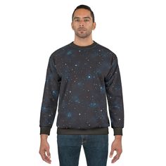 A unisex sweatshirt featuring a stars pattern in a black sky, giving a cozy and celestial vibe. Perfect for those who love stargazing and astronomy, making it a great gift for birthdays, Christmas, and other special occasions. Product features - Full decoration with bright and intense colors - Ribbed-knit cuffs and collar for elasticity and shape retention - Made of 100% Polyester for durability and quick-drying - Medium weight fabric of 7.4 oz/yd² (250 g/m²) - Crew neck with a classic fit Care instructions - Do not dryclean - Do not iron - Tumble dry: low heat - Do not bleach - Machine wash: cold (max 30C or 90F) Space Clothing, Space Outfit, Sky Stars, Black Sky, Stars Pattern, Intense Colors, Knit Cuff, Star Patterns, Outer Space