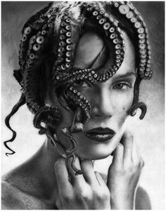 a woman with an octopus mask on her head