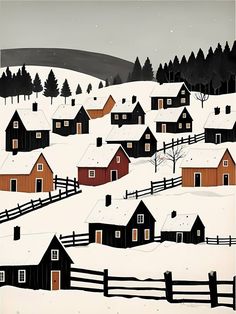 a painting of houses in the snow with trees and hills behind them, all covered in snow