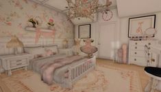 ୨୧ by mxngobean ୨୧ K-12 Bloxburg, Coquette Room Bloxburg, Bed Ideas Bloxburg, Bloxburg Pink Castle, Pink Bloxburg Room, Frenchrxses Bloxburg, Pink Bloxburg House, Coquette Bloxburg House Bathroom