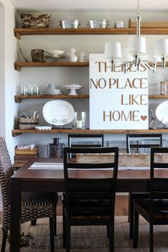 a dining room table and chairs in front of a sign that says there's no place like home