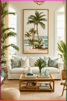 a living room filled with white furniture and lots of palm trees on the wall behind it