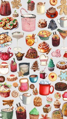 a painting of many different types of desserts and pastries on a white background